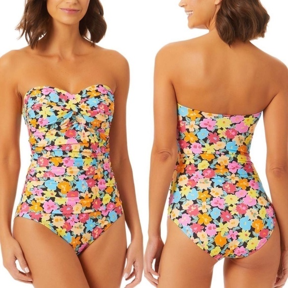 🆕 Pink & Yellow Floral Strapless / Halter One-Piece - Picture 2 of 7